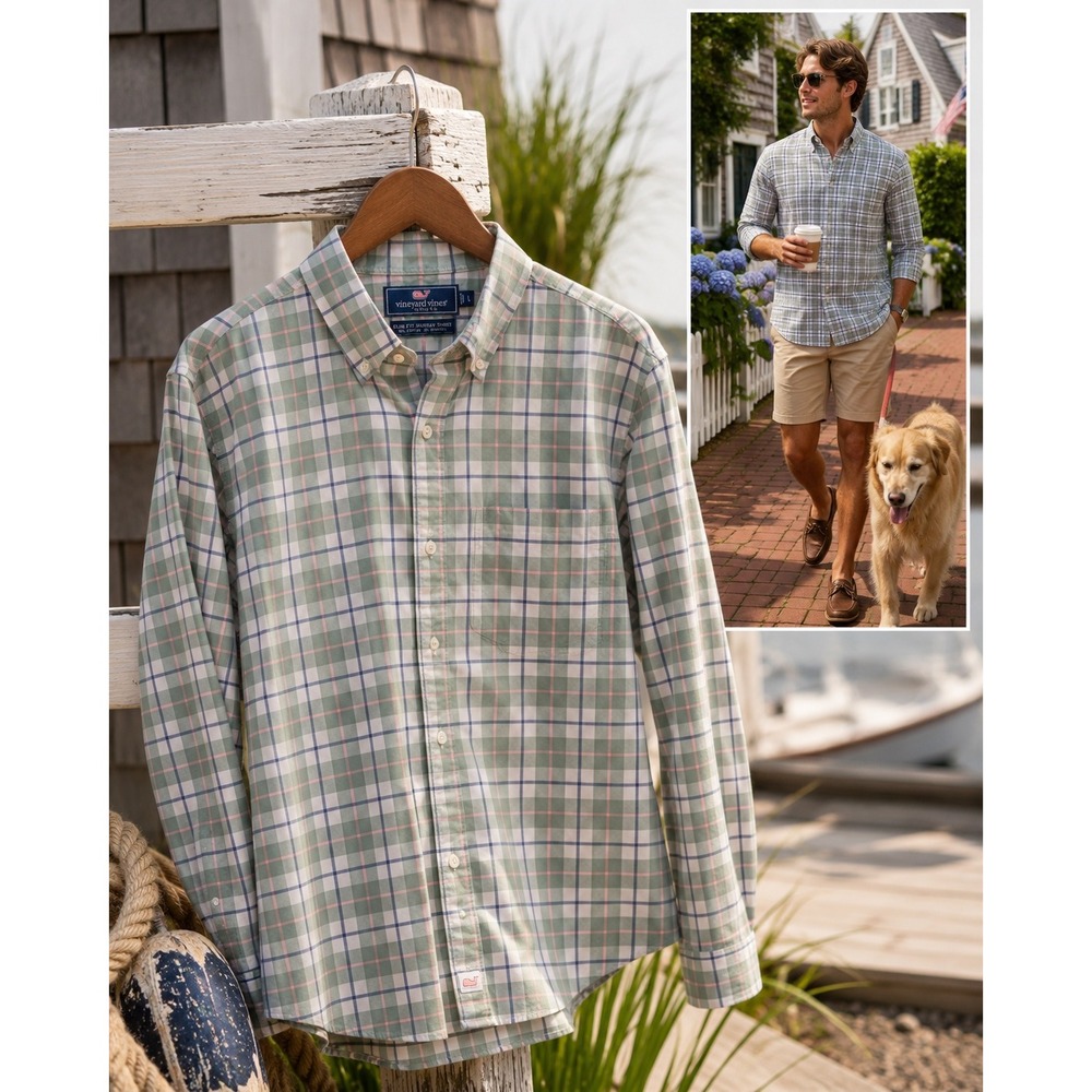 Vineyard Vines Murray Shirt Men Large Slim Fit Plaid Stretch Coastal Prep Cotton